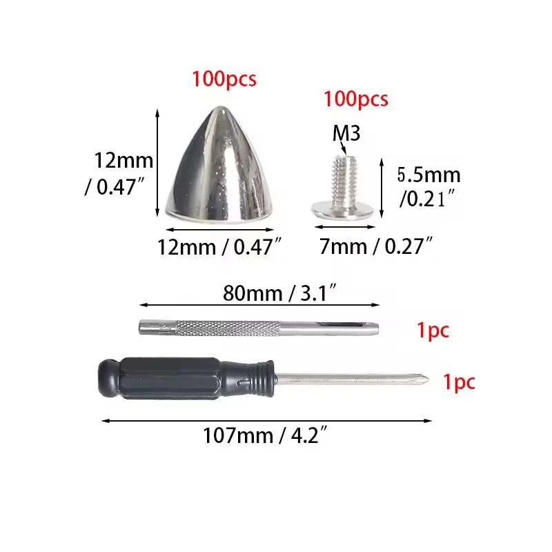 100sets 12*12mm Kegel Flecken Zink-legierung Spike Studs Leathercraft Bullet Punk Spike Nieten Mit Werkzeug für haustier Kragen Schuhe Handtasche – Detail 1