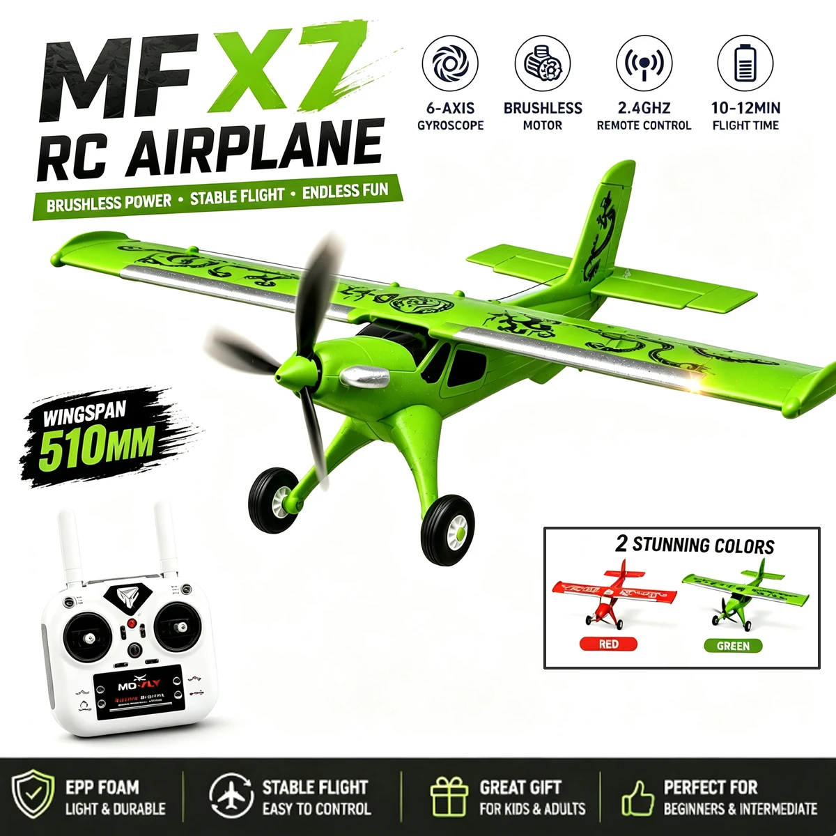 4CH MF X7 RC Airplane 510mm Wingspan 2.4G Remote Control Glider EPP Brushless Motor Fixed Model Plane with Gyroscope Model Toys