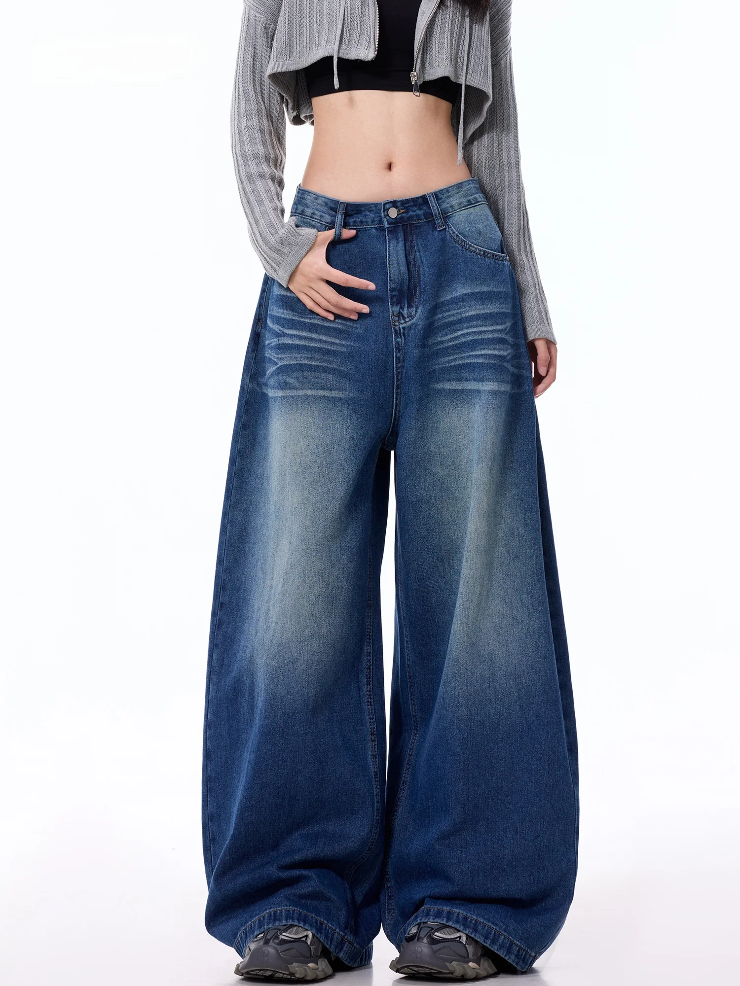 High Waist Wide Leg Denim Jeans Women's Loose Fitting Vintage Washed Draping Floor Length Casual Style Casual Scene