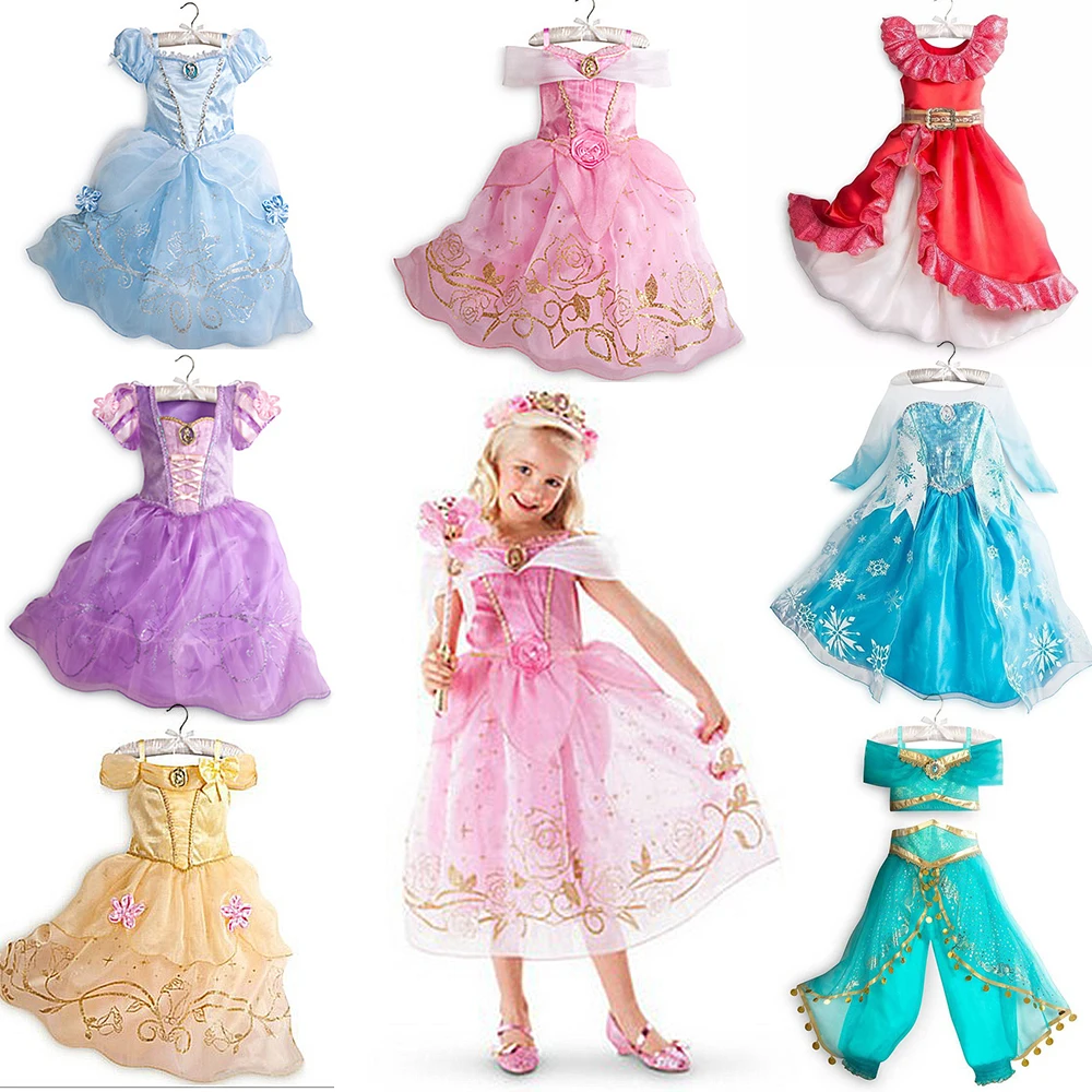 

Disney Princess Girl Dress Frozen Elsa Costume Children Clothing Fancy Halloween Party Cosplay Aurora Jasmine Summer Dress 3-8Y