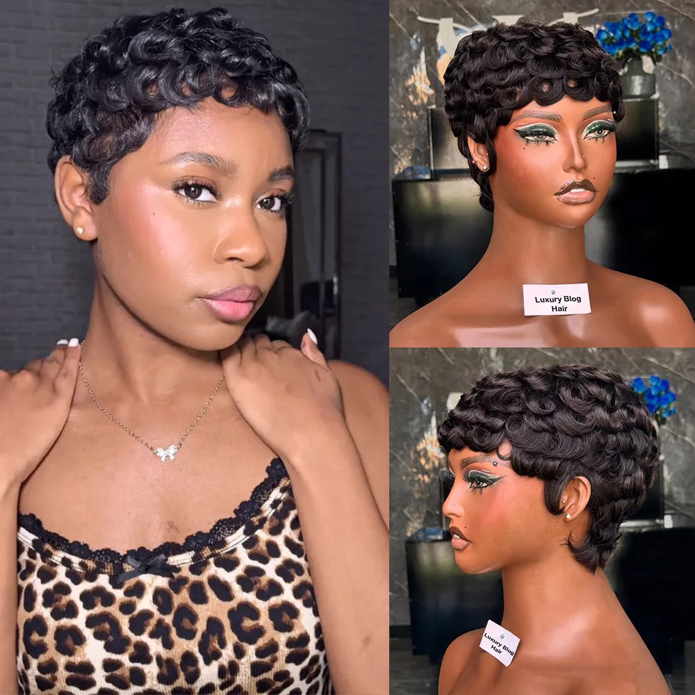 

Вьющиеся парики с стрижкой пикси для чернокожих женщин Remy Human Hair Bob Wig Натуральный черный вьющийся короткий парик Полный машинный парик Плотность 150%