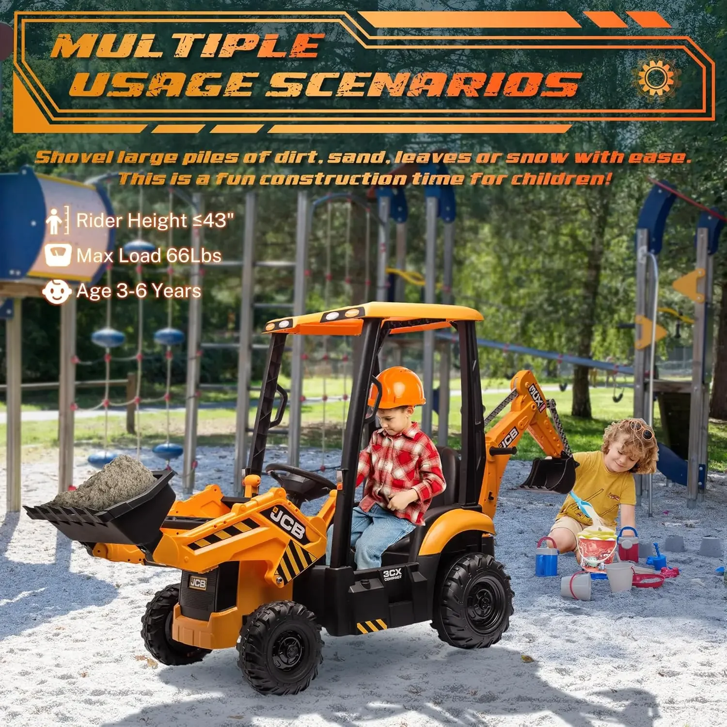 12V  Electric Backhoe Loader Toy Car for Kids, Battery Powered Ride on Construction Vehicle Toys w/Front Loader & Excavator