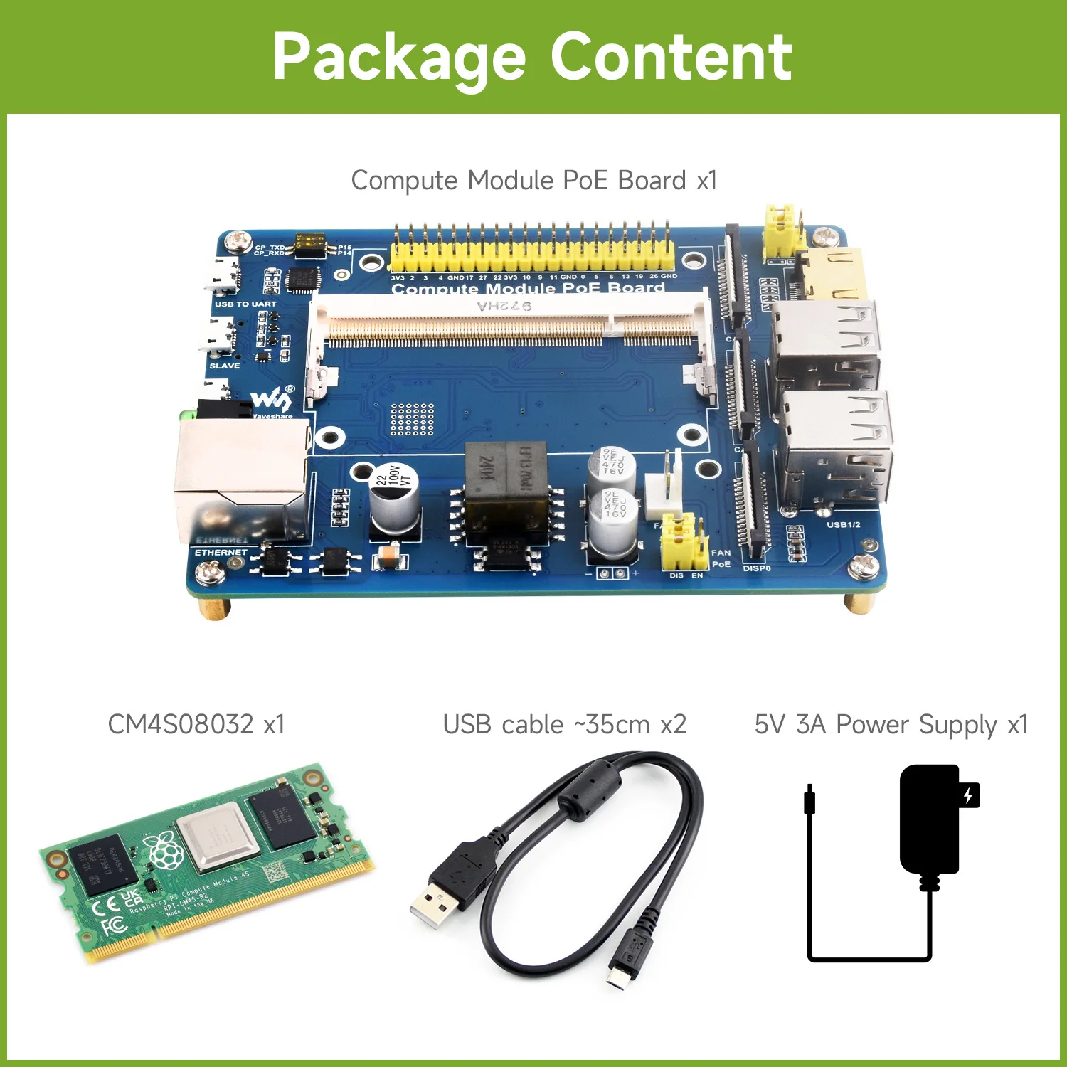 Waveshare Compute Module IO Board with PoE Feature, Composite Breakout Board for Developing with Raspberry Pi CM4S/CM3 CM4S08032