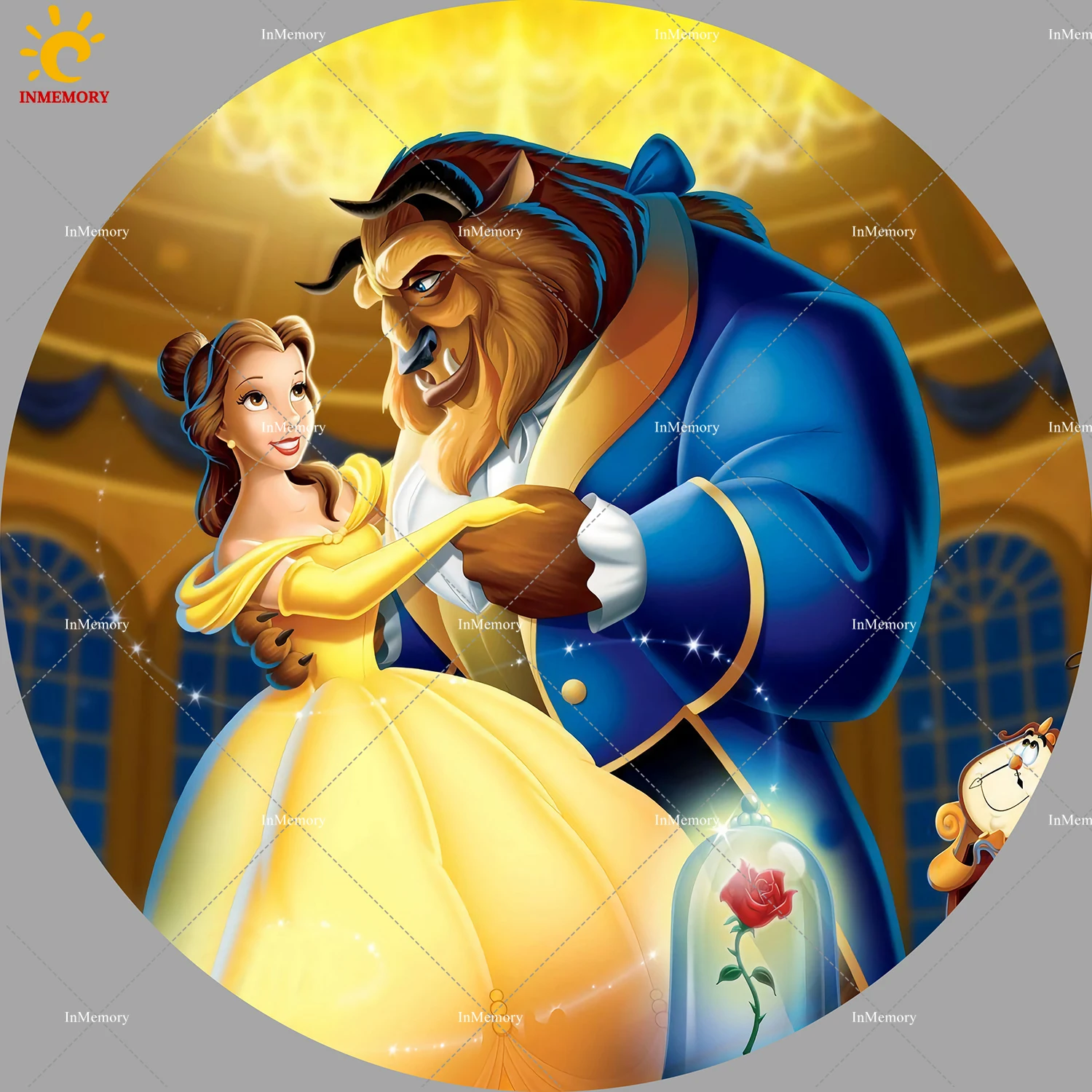 

Princess Girl Bella Beauty and Beast Round Backdrops Cover for Children Birthday Party Decoration Cartoon Cake Table Photobooth