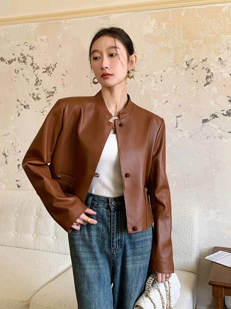 

Vintage Short Genuine Leather Jackets for Women Spring Autumn 2026 New High-end Simple Stand Collar Soft Real Sheepskin Coat