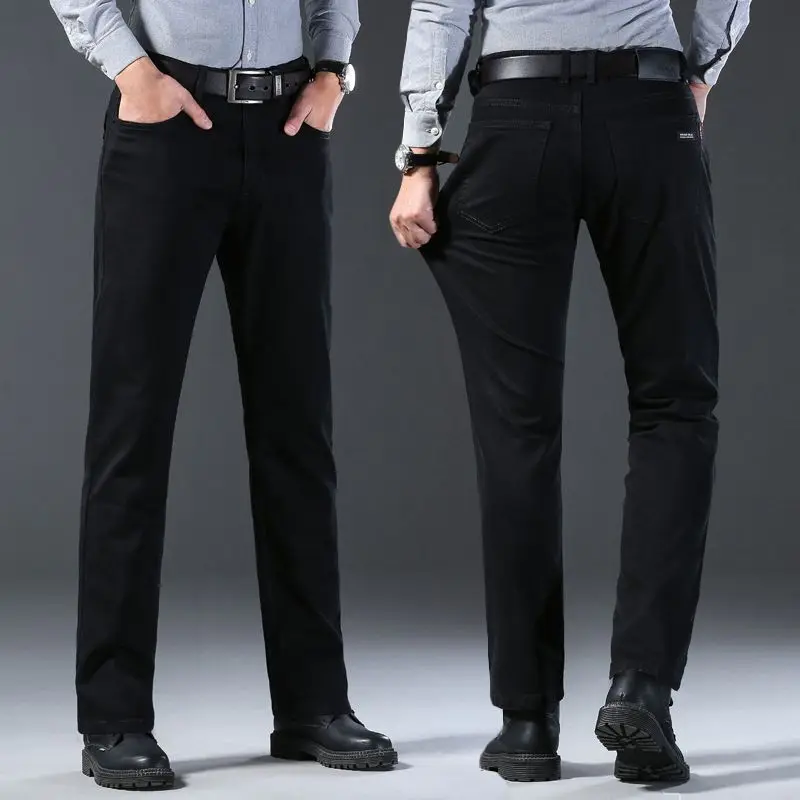 High Quality Autumn Winter Solid Color Black Men's Jeans Classic Stretch Denim Pants Work Business Cotton Trousers Plus Size 40