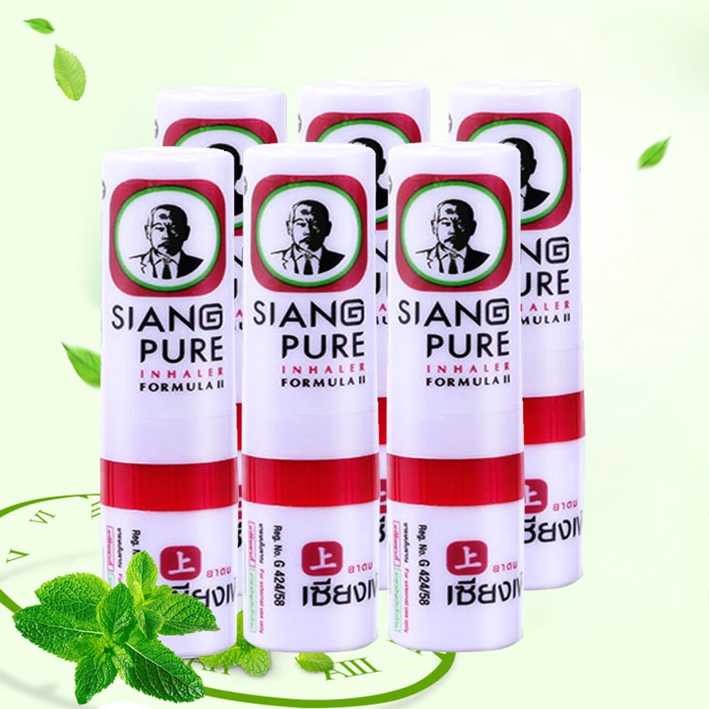 6 Thai SIANG Mint Cylinder Nasal Inhaler Brain Anti-Fatigue Treatment Nasal Congestion Rhinitis Headache Relieving