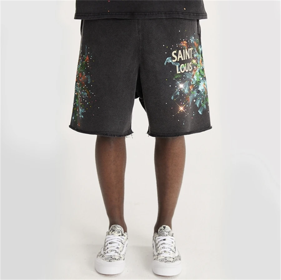 Vintage Sssaint Louis Inkjet Graffiti Diamond Washed Shorts High Street Casual Loose Sports Rock Hip Hop Men and Women Cotton