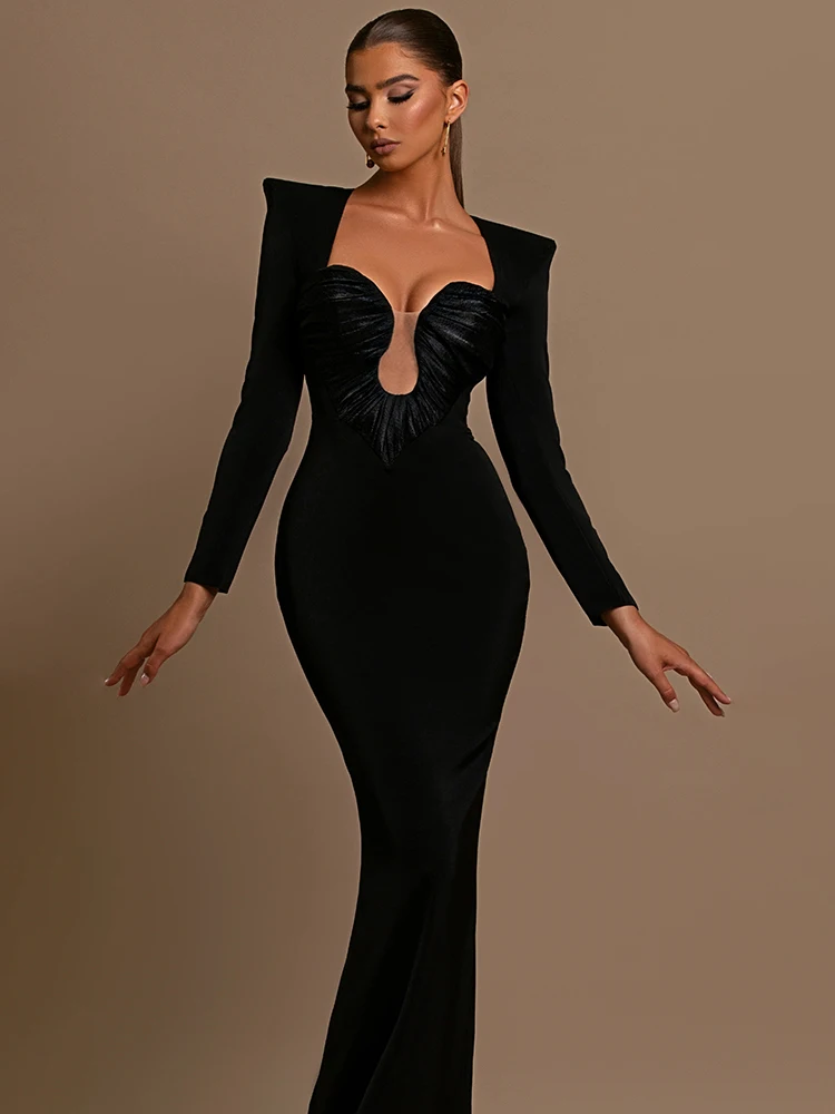 Glamorous Long - Sleeve Black Aquamarine Cutout Evening Gown Square Collar Folds Design Formal Dinners Long Dress