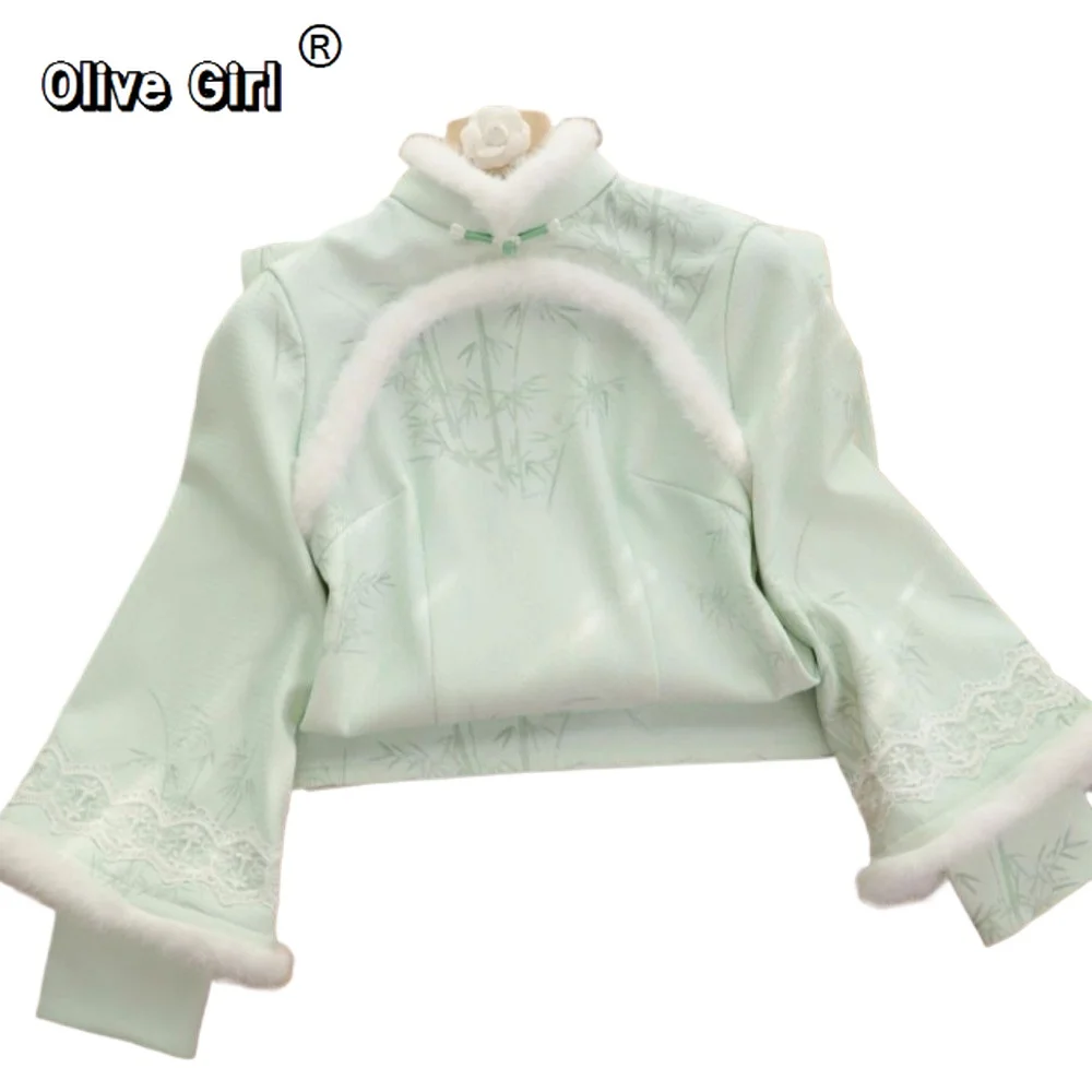 فستان تشيباو الشتوي Cheongsams سميك أخضر قطيفة بياقة أنيقة عالية الجودة وأكمام مقلوبة الدفء الملابس الصينية التقليدية #1