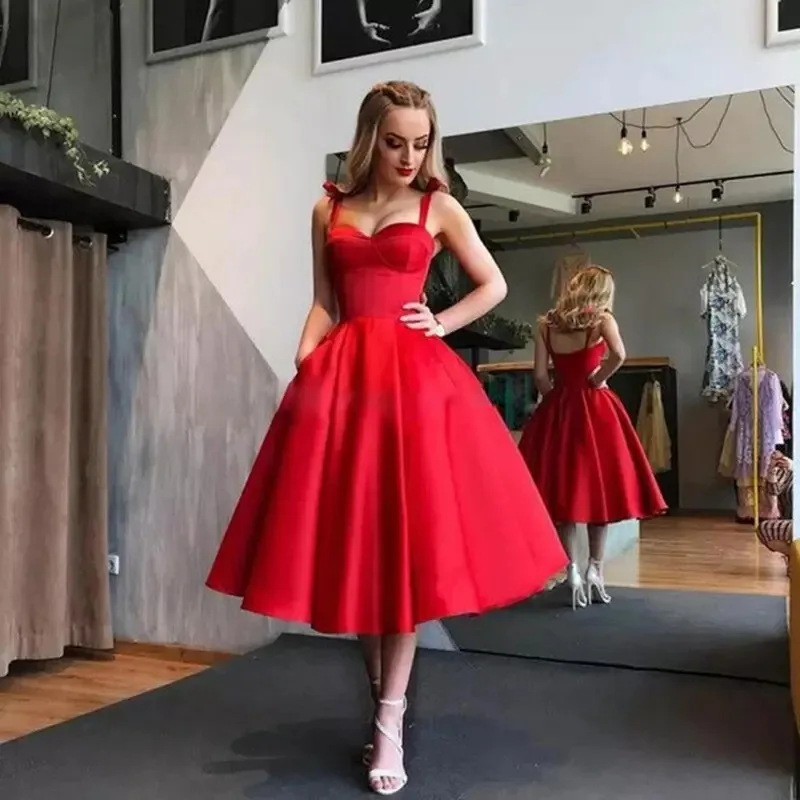 

QMANSHA Homecoming Dress Sweetheart Spaghetti Strap Bow A Line Midi Cocktail Party Dress With Pockets Women Evening Prom Gown