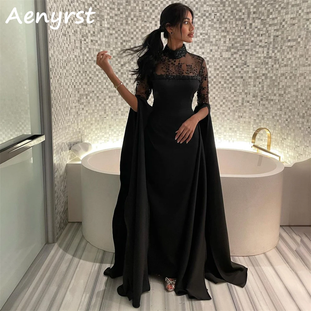 

Aenyrst Black High Collar Mermaid Saudi Evening Dresses Satin Long Flared Sleeves Prom Dress Floor Length Formal Occasion Gowns