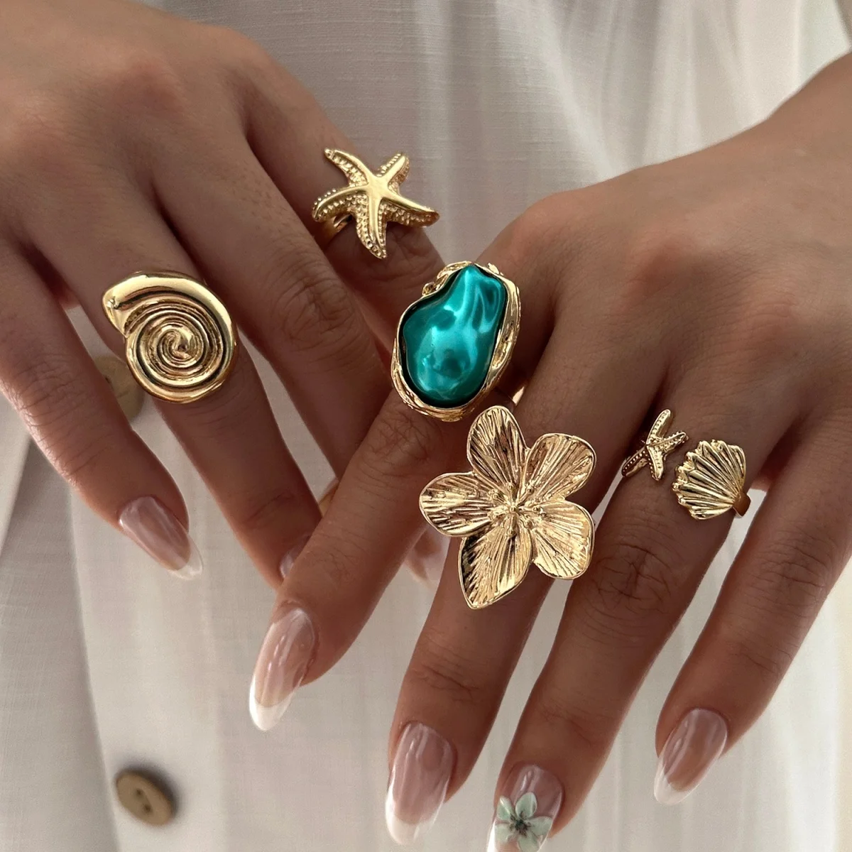 Summer Seaside Flower Conch Starfish Shell Baroque Simulated Pearl Rings Set For Women Men Geometric Knuckle Finger Ring Jewelry