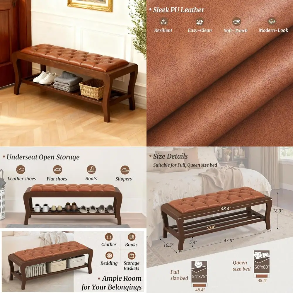 

Leather-Cushioned Storage Bench with Shelf, 49 Wooden Leg Ottoman for Bedroom Entryway