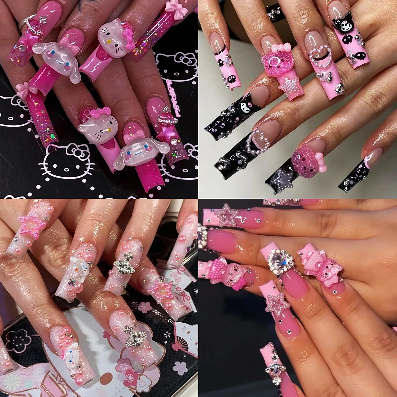 Diy Sanrios Kitty Kuromi Cinnamoroll Saturn Long Style Nail Tips Rhinestone Press On Nail Sweet Cool Y2K False Nails for Girls ﻿