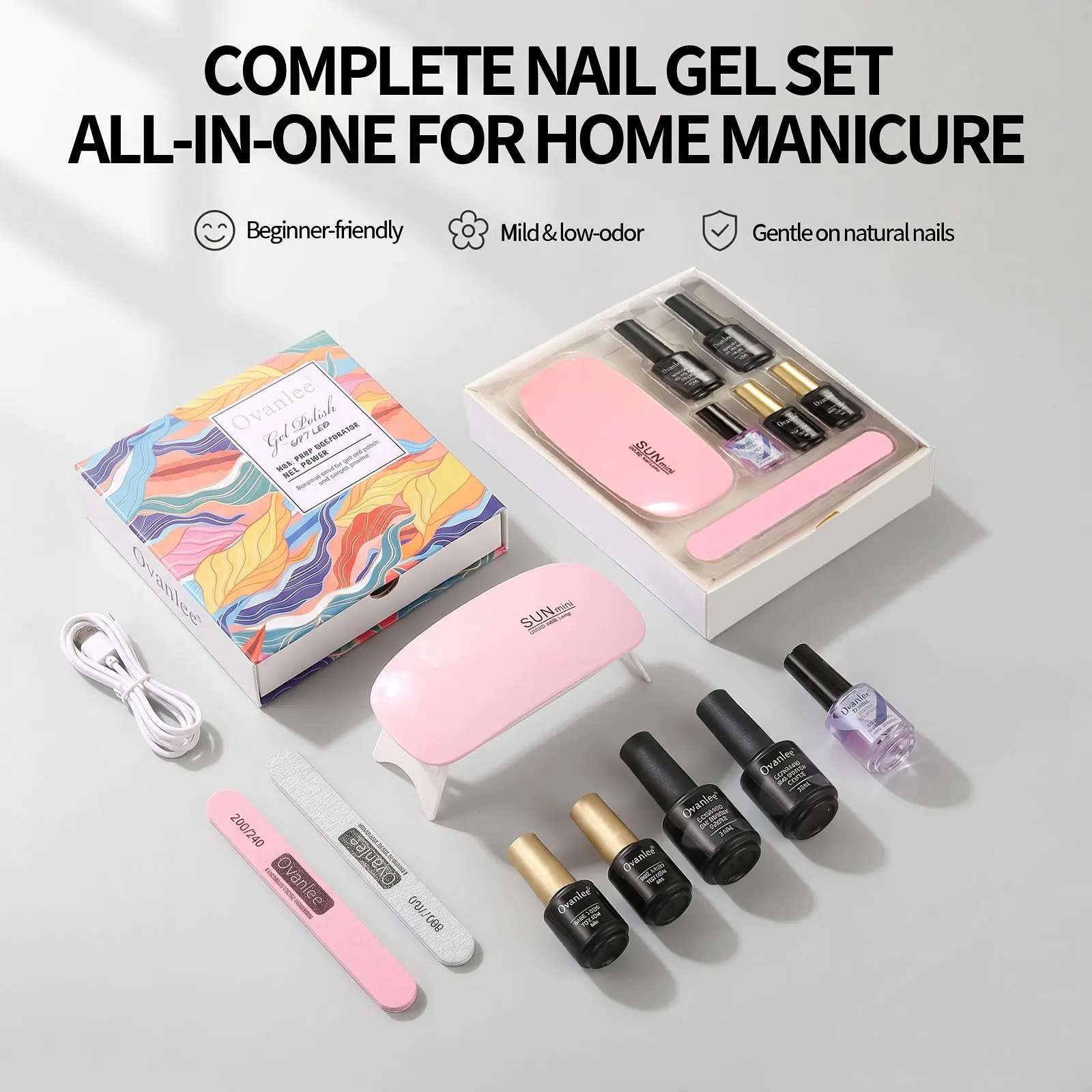 Ovanlee 5-Piece UV Gel Polish Kit with Mini Lamp  Gentle, Low-Odor & Non-Irritating Formula, Complete Manicure Tools Included, Ideal Gift for DIY Nail Art Beginners