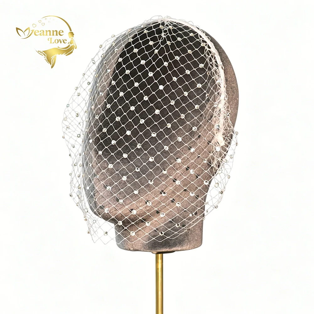 Full Rhinestone Birdcage Veil With Headband Crystal Studded Fishnet Blusher Veil Short Face Net Veil Vintage Bridal Fascinator