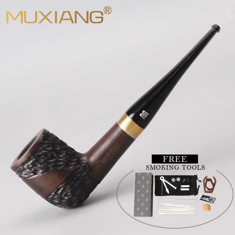 MUXIANG Handmade Carved Ebony Wood Tobacco Pipe 9mm Filter Straight Stem With Metal Ring Decor Handheld Smoking Pipe Men’s Gift