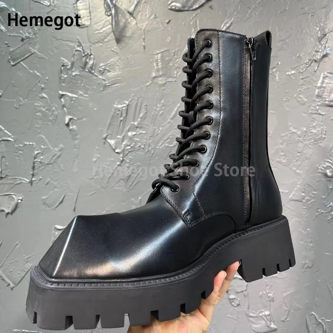 

Thick-Soled Rhino Square-Toe Short Boots for Men Lace-Up High-Top Luxury New Fashion Shoes Chelsea Boots Heightening Boots