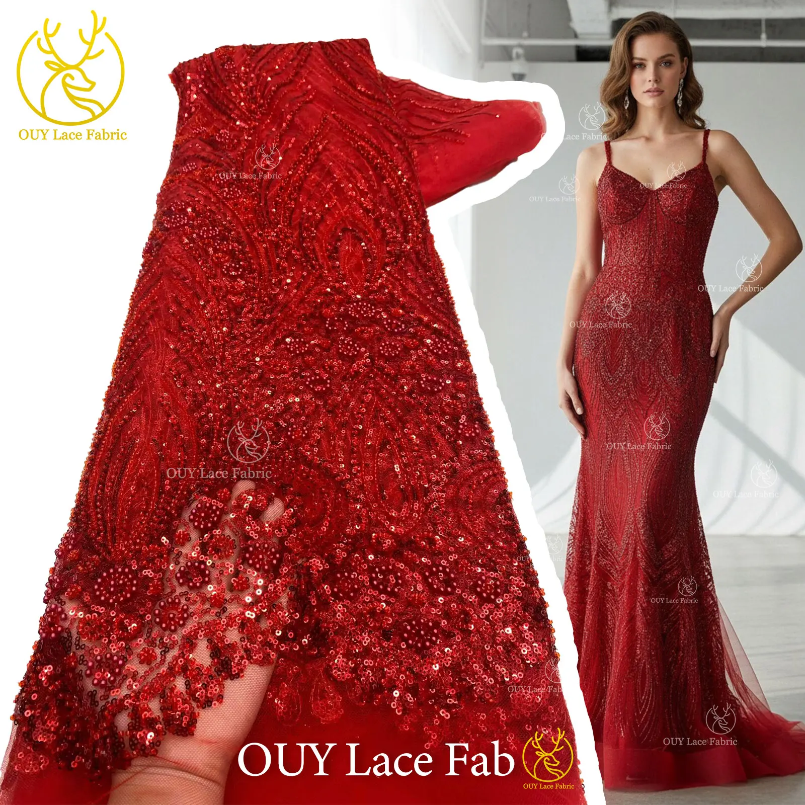 

Red African Beaded Sequins Lace Fabric 2026 High Quality Nigerian French Mesh Tulle Lace Fabric For Girls Party Dress Sewing