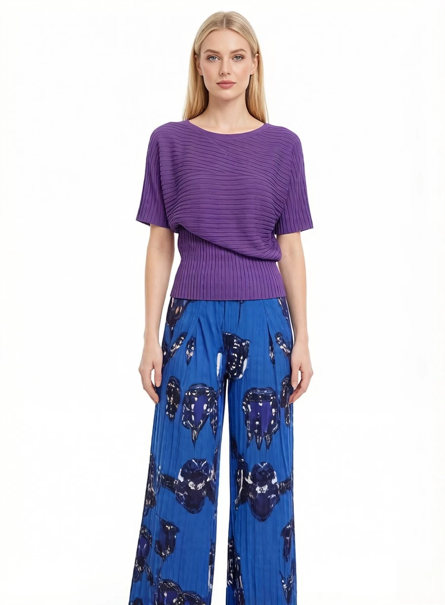 

Miyake Pleated High-End Elegant Solid Color Women's Top with Printed Vintage Loose Fit High-Waisted Long Pants Set for Women