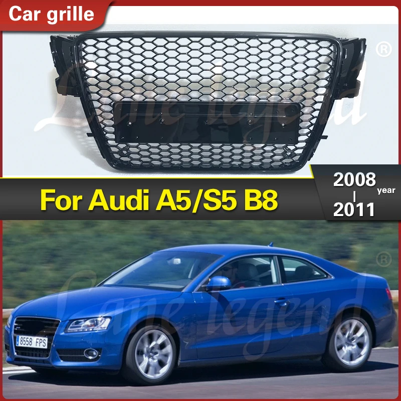 For Audi A5/S5 B8 2008 2009 2010 2011 Racing Grills for RS5 Style Front Sport Hex Mesh Honeycomb Hood Grill Gloss Black Grills