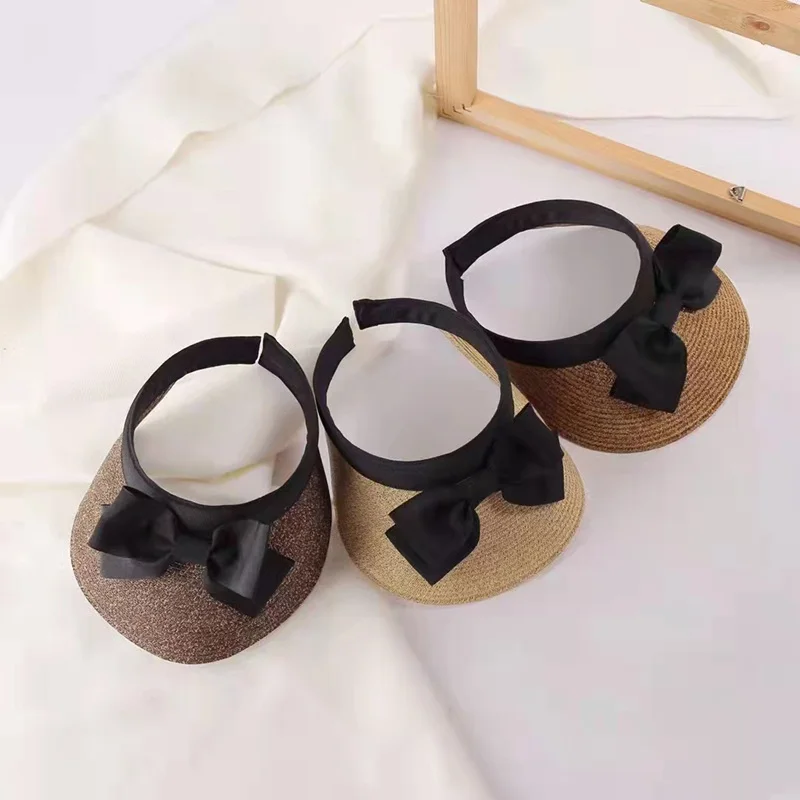 Bow Paper Straw Empty Top Hat Women's Summer Wide-brimmed Portable Sunscreen Sun Cap Fashion Casual Beach Chapeau Grass Headgear