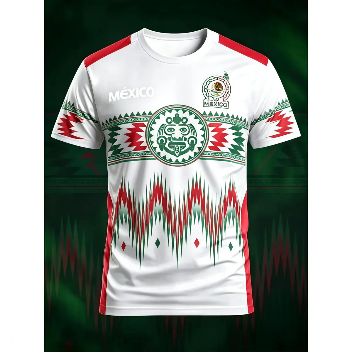 Men Mexico National Soccer Jersey, Aztec Tribal Pattern Print Short Sleeve Football Shirt, Breathable Sport Fan Training Tops