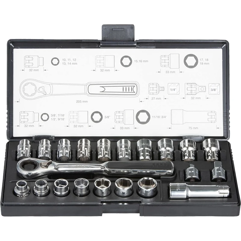 Makita B-65604 21 Piece Pass Thru Metric Imperial Socket Set Hexagon Ratchet Socket Wrench Set for Automobile Maintenance