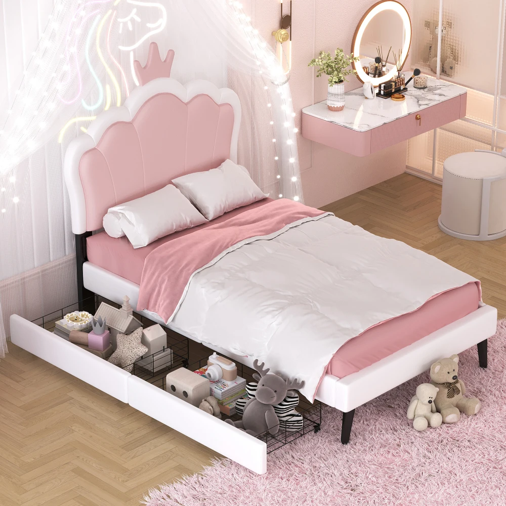 Soft padded platform princess bed with crown headboard and footrest, and 2 drawers Maximized space High Load Capacity