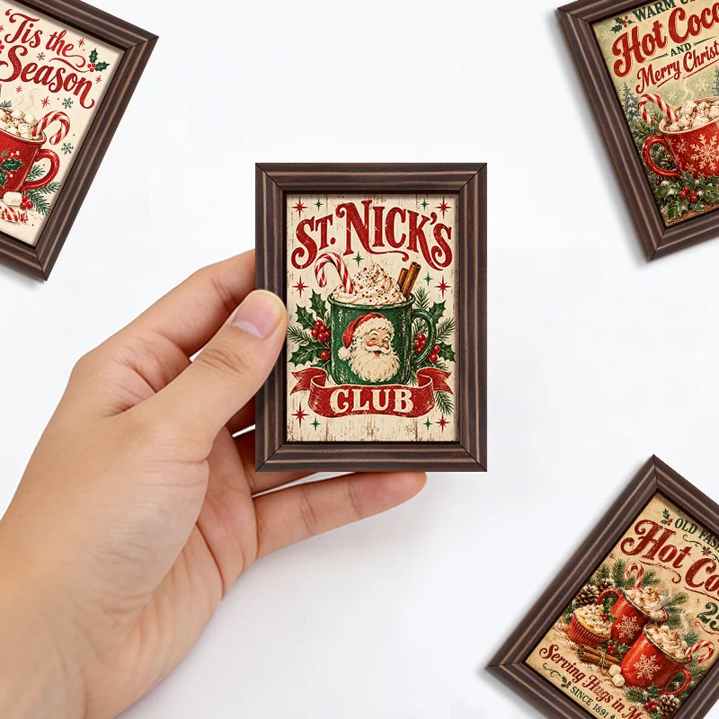 4Pcs Christmas Hot Cocoa Wooden Fridge Magnets, Rustic Marshmallow Mug, Candy Cane & Holly Berry Christmas Refrigerator