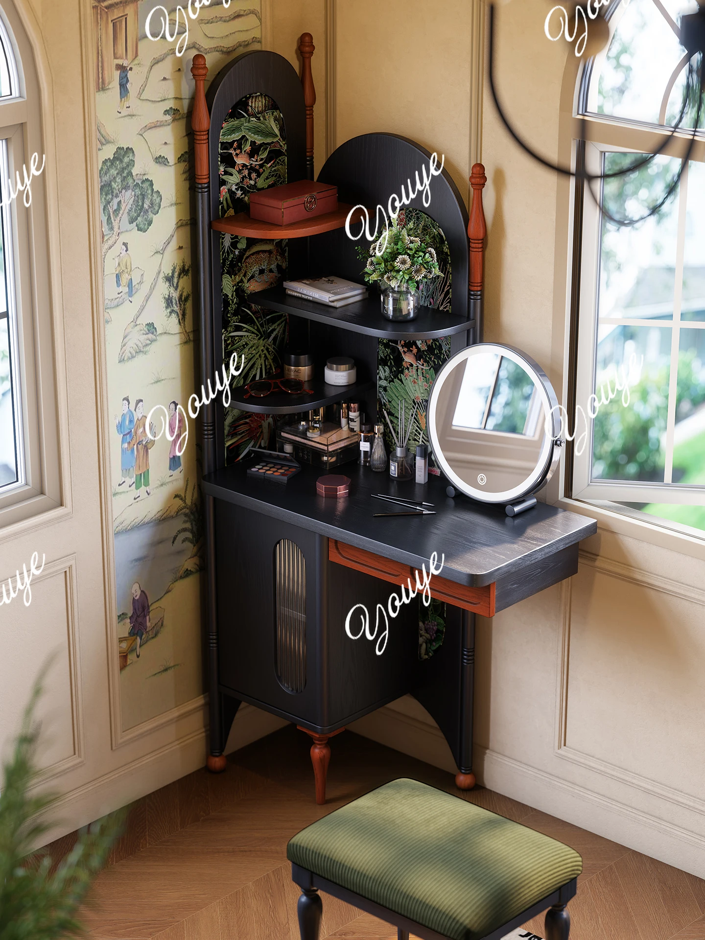 

Dresser Shelf Integrated French Retro Bedroom Corner Dresser Medium Antique Storage Makeup Table