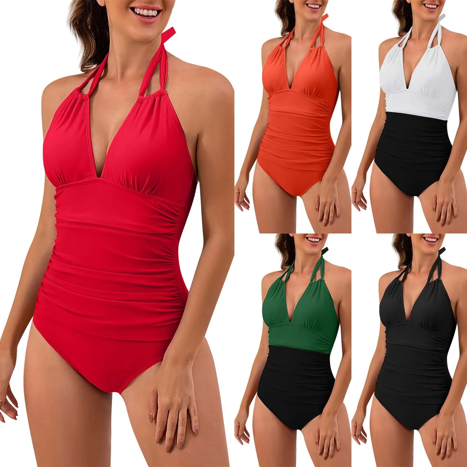 Women Sexy Swimsuit Daily Leisure Vacation Solid Color High Cut One-Piece Bikini Swimsuit Halterneck Tie Folds Bikini Beachwear