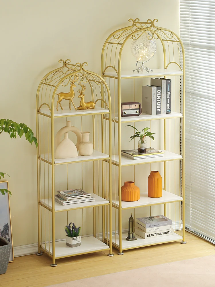 Factory Direct 2026 Nordic storage rack, light luxury bookshelf, floor to ceiling gold living room storage rack, bedroom storage
