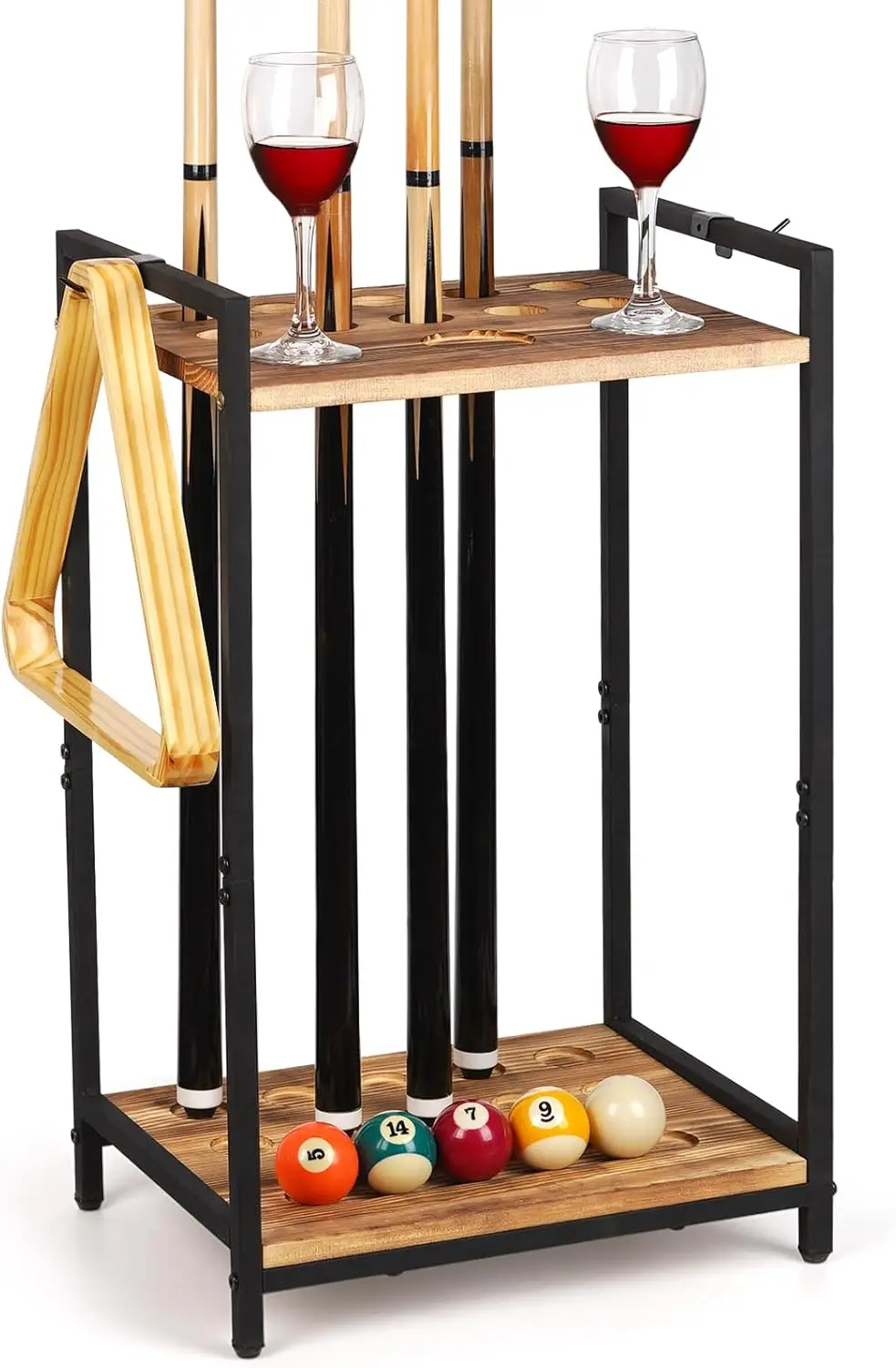 

Freestanding Wooden Pool Cue Holder with 10 Holes, Billiard Rack for Game Room Decor and Table Accessories