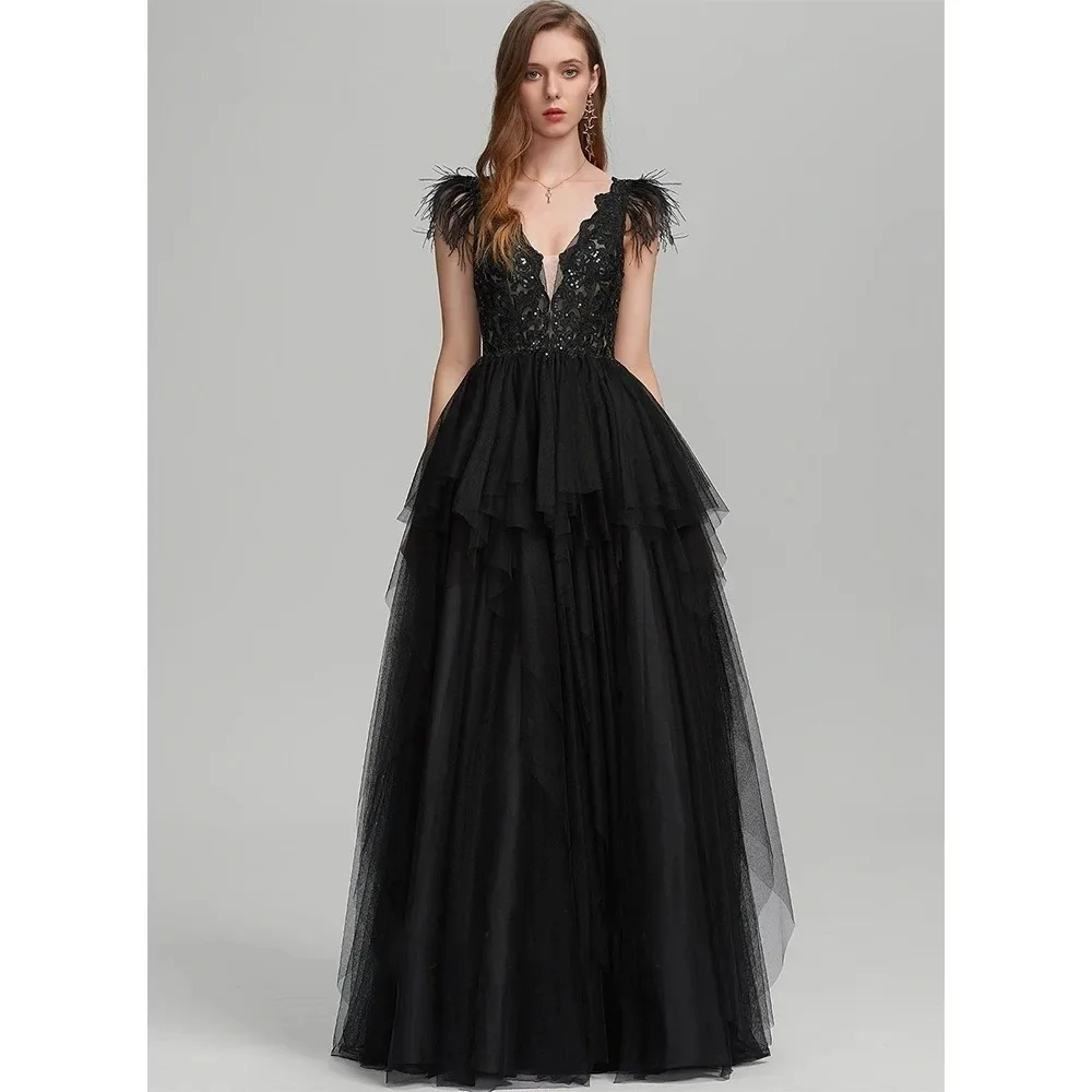 Black Tulle Prom Dresses V-Neck Evening Dresses A-line Strapless Romantic Backless Flowing Long Formal Party Dresses Custom Made