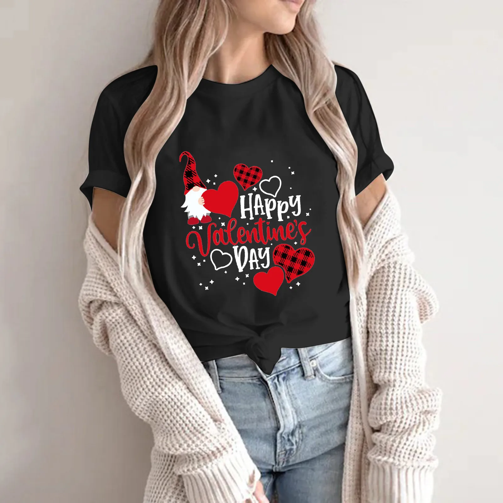 Happy Valentine's Day Short Sleeve T Shirt Women Round Neck Letter Printed Tee Shirts Summer Love Sweet Valentine Female T-Shirt