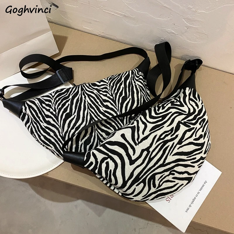 Canvas Shoulder Bags Women Zebra Striped Zipper Hobos Large Capacity Students Preppy Korean Style Messenger Bag Vintage Designer