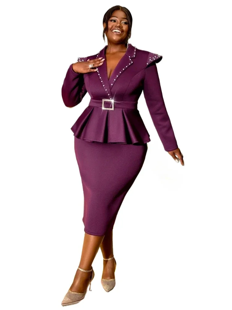 

2025 Elegant Women's Nail Bead Dress Solid Color Lapel High Waisted Hip Hugging Dresses Women's Banquet Long Sleeved Purple Set