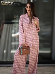 Clacive Fashion Loose Print Women's Two Pieces Set 2025 Elegant Long Sleeve Blouse With High Waist Wide Pants Set Female Clothes