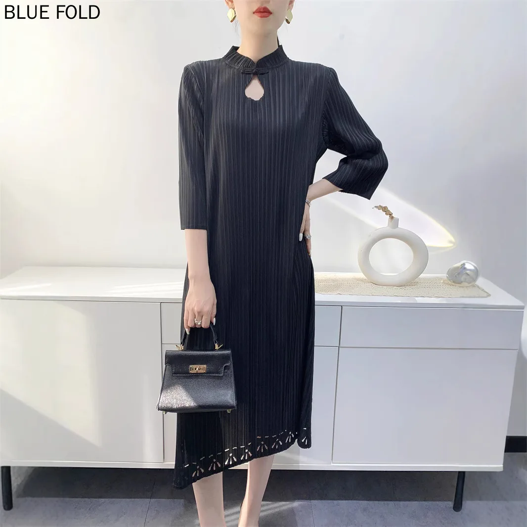 Miyake 2025 primavera e verão novo vestido plissado feminino high-end estilo chinês vestido plissado comprimento médio elegante robe