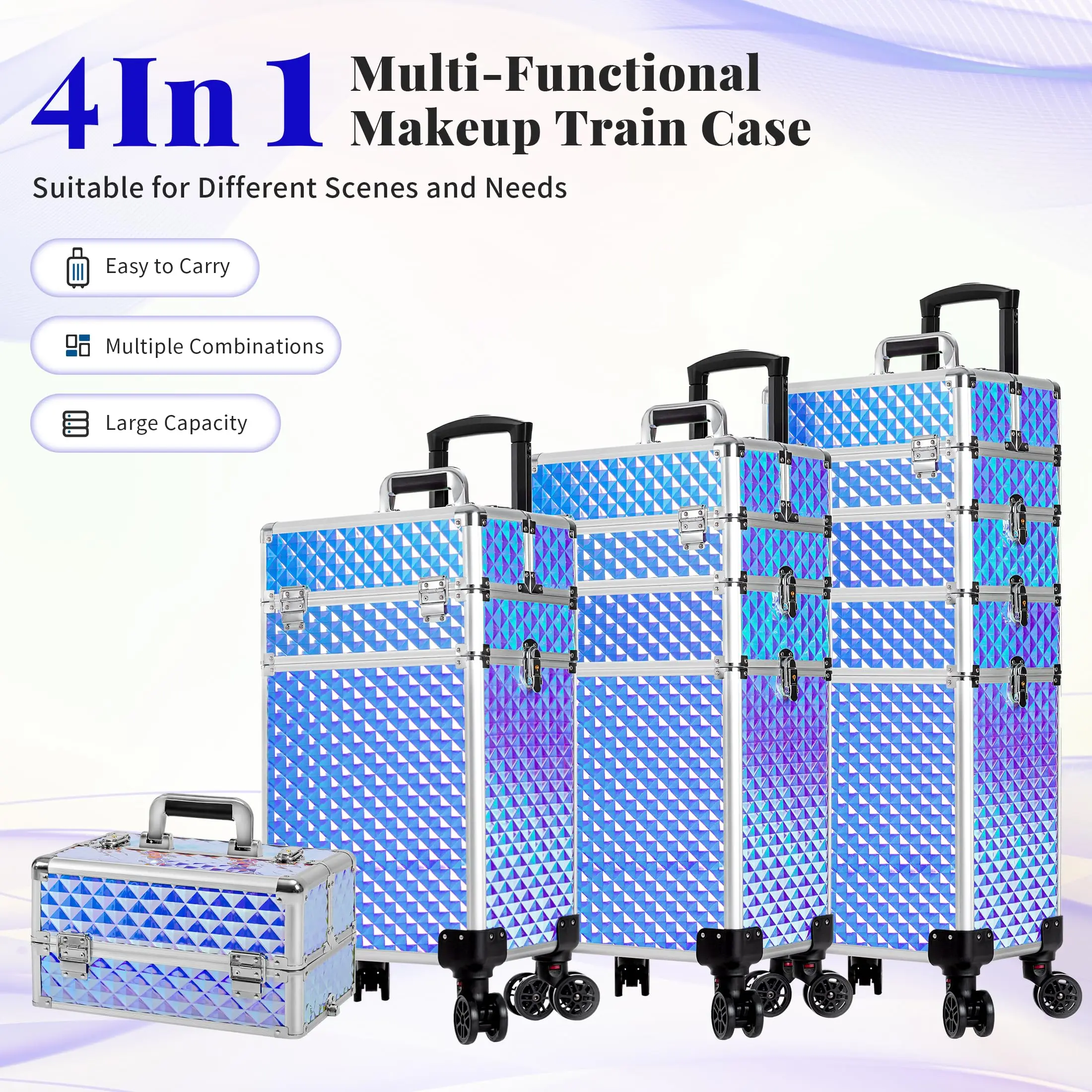 Rolling Makeup Train Case 4 in 1 Detachable Large Capacity Makeup Travel Case with Key Salon Barber Cases Traveling Cart Trunk