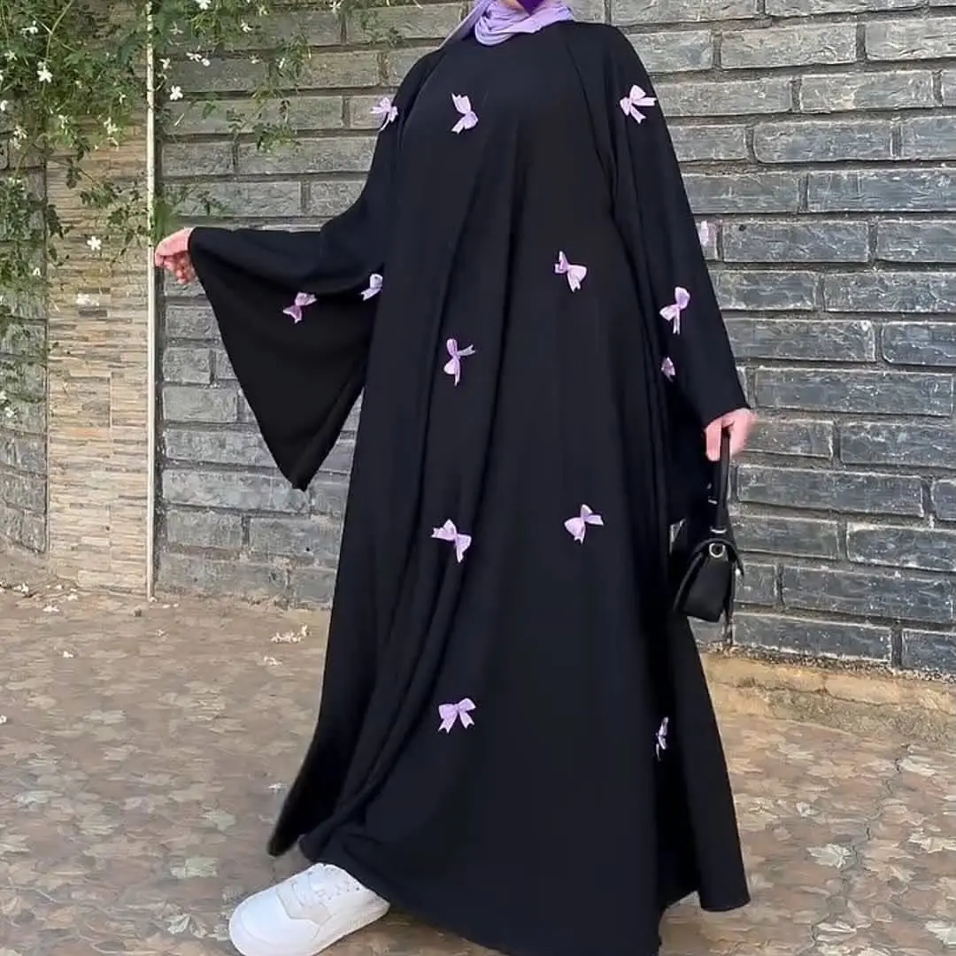 

Middle Eastern Arab Women's Clothing New Dubai Abaya Loose Flared Sleeve Bow Gown Dress Fashion Elegent Muslim Women