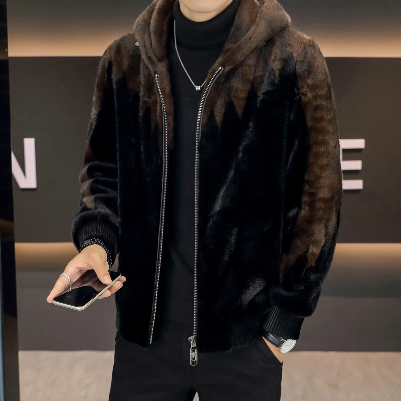 Chaqueta de piel sintética de retales de piel de visón dorada de invierno para hombre, chaqueta cálida con capucha gruesa, ropa de calle informal de negocios, abrigo Social