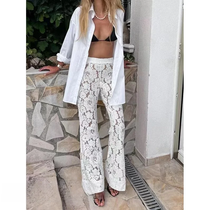 High Waist Flared Pants Jacquard Lace See-tough Commute Sle Long Trousers Women's Casual Faion Spring Collection