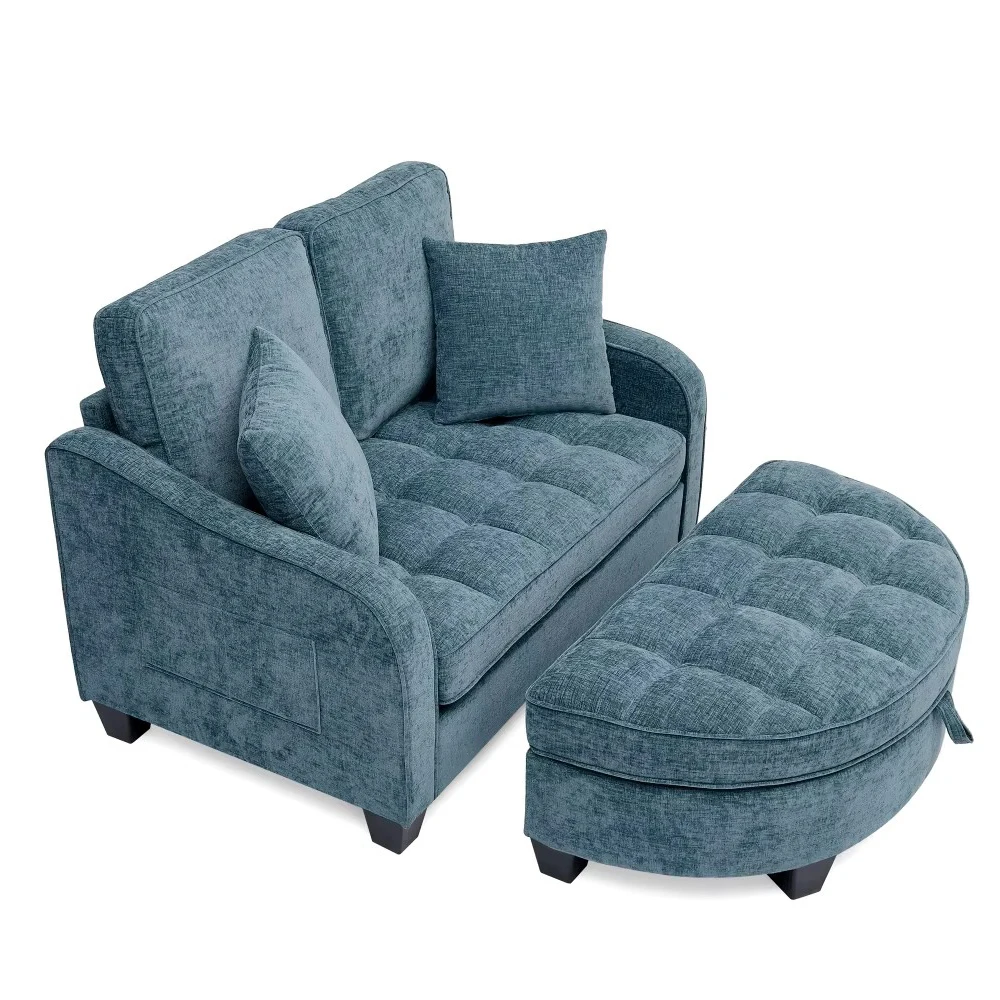 EU Stock Blue Corduroy‑textured Fabric 2‑Seater Convertible Sleeper ...