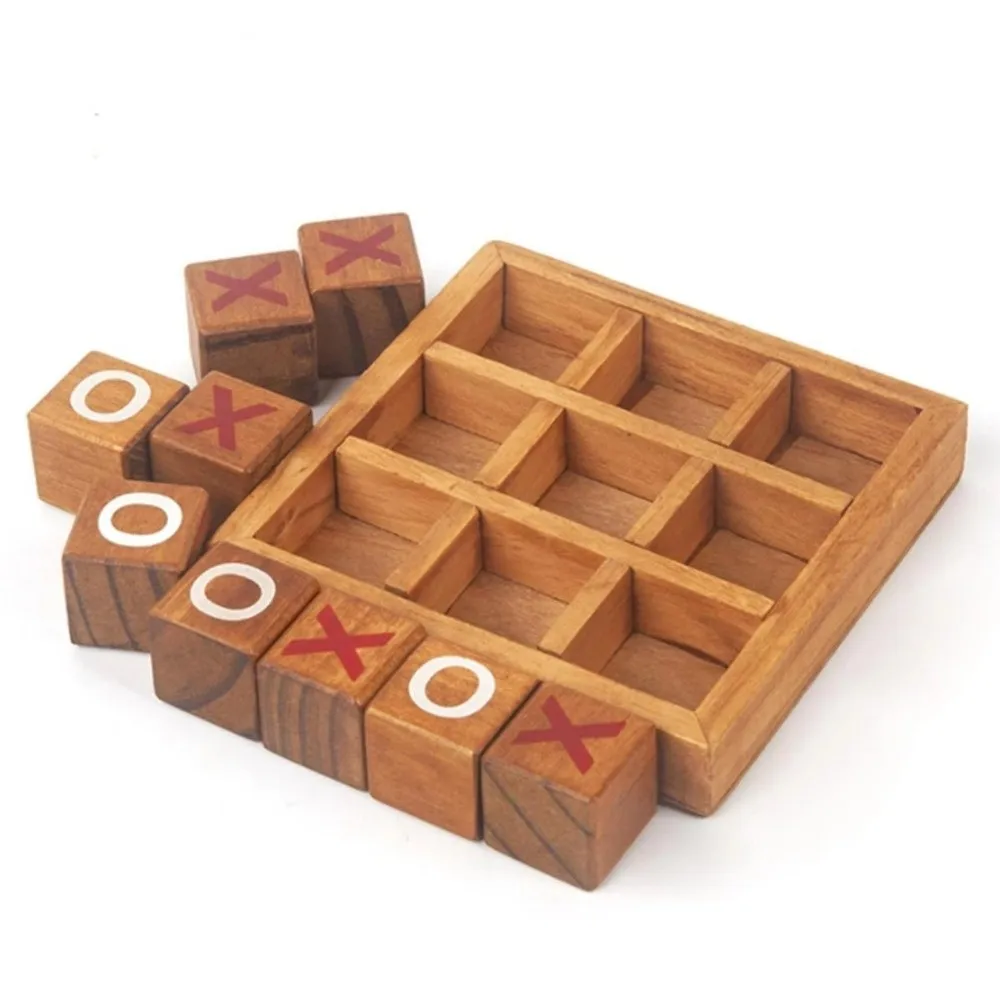 Portable Tic Tac Toe Game Handcrafted Finish Wooden Traditional XO Chess Set Interactive Design Training