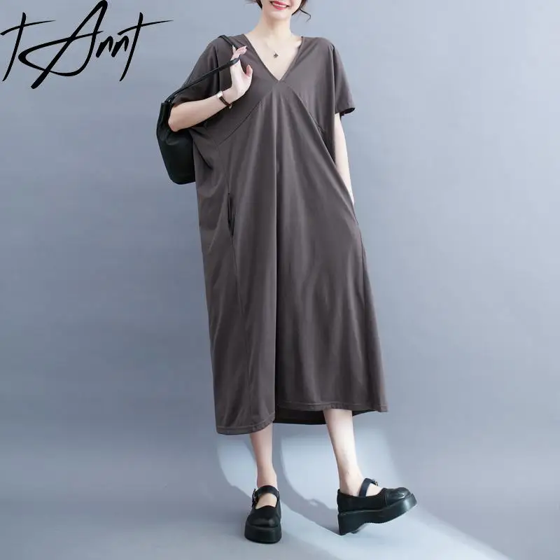 

Tannt Women Dress V-neck Batwing Sleeve Fahion Casual Dresses For Women Black Gray Loose Summer Long Dresses 2025 New