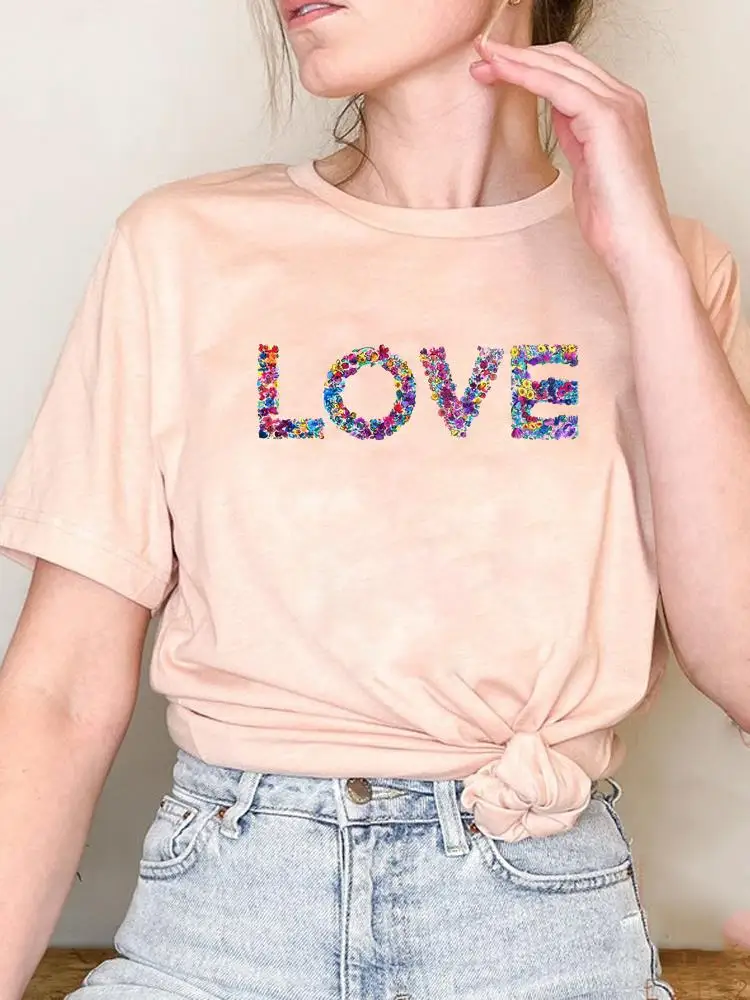 

Love Floral Letter Sweet Tee Women Print T Shirt Clothes Fashion Short Sleeve Clothing Top Basic Summer Graphic T-shirts