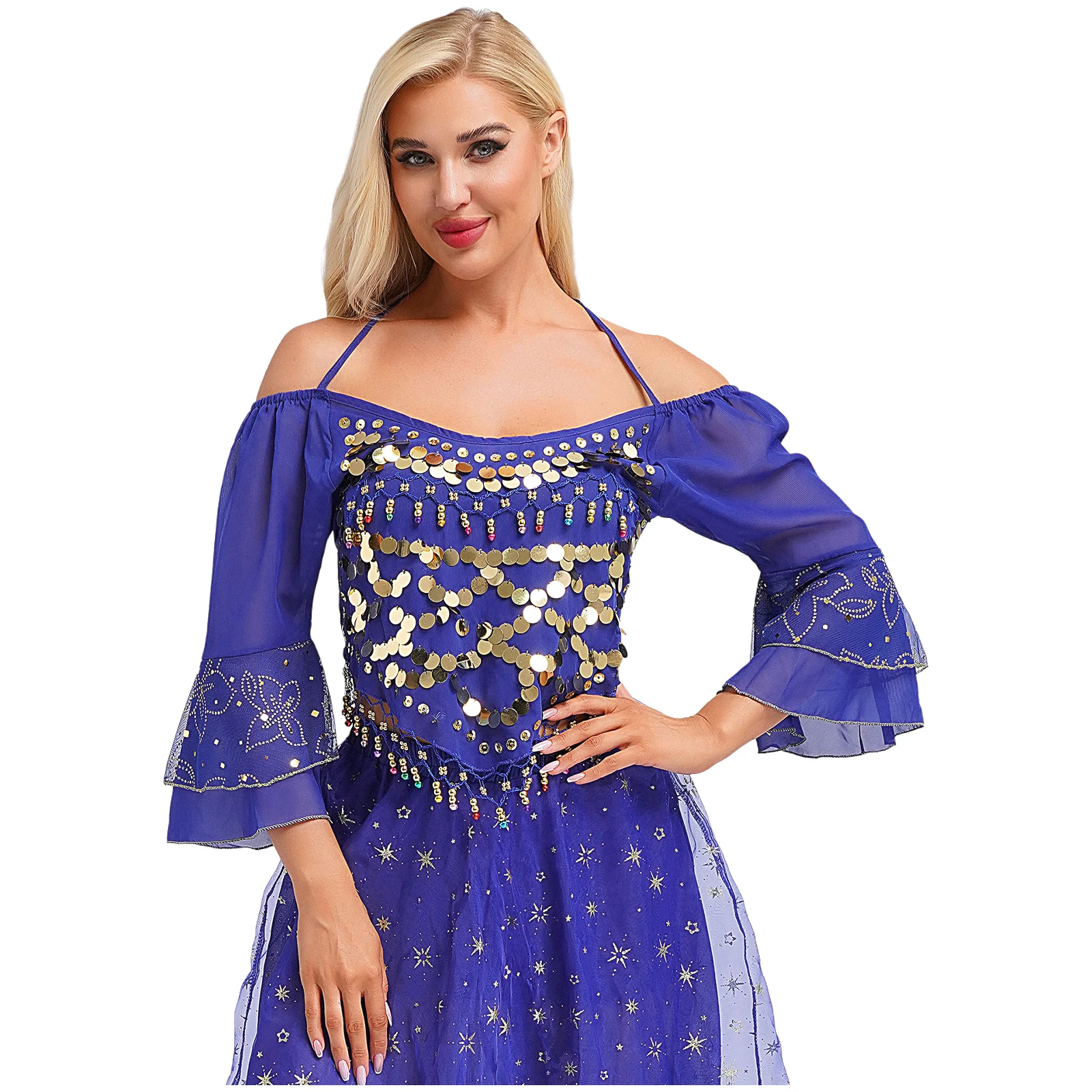 Sequins Belly Dance Tops Women Sheer Mesh Lace-up Back Crop Top Off Shoulder Summer Cold Top for Belly Stage Performance Costume